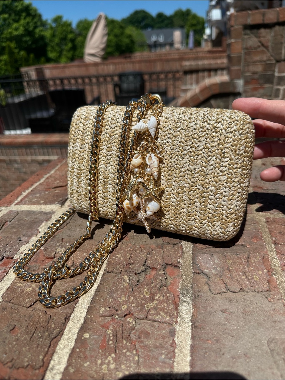 Shiraleah Natural Woven Straw Clutch with Shell Charm and Gold Chain NWT
